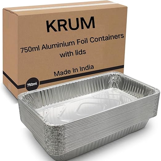 KRUM Food Storage Disposable Aluminium Foil Containers with Lid(Pack of 100, 750 ml)